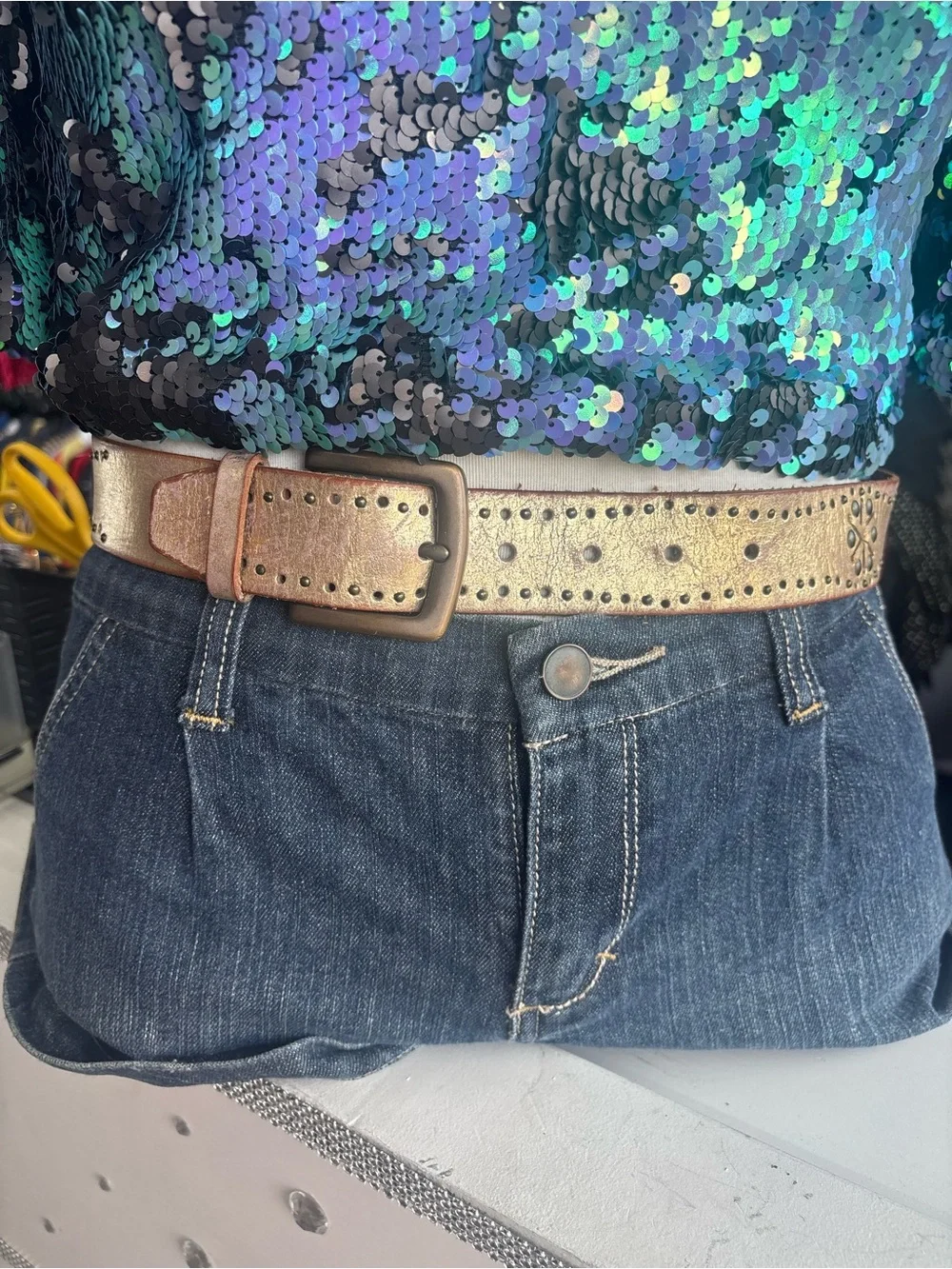 Vintage Y2K Fossil Metallic Gold Perforated Leather Belt